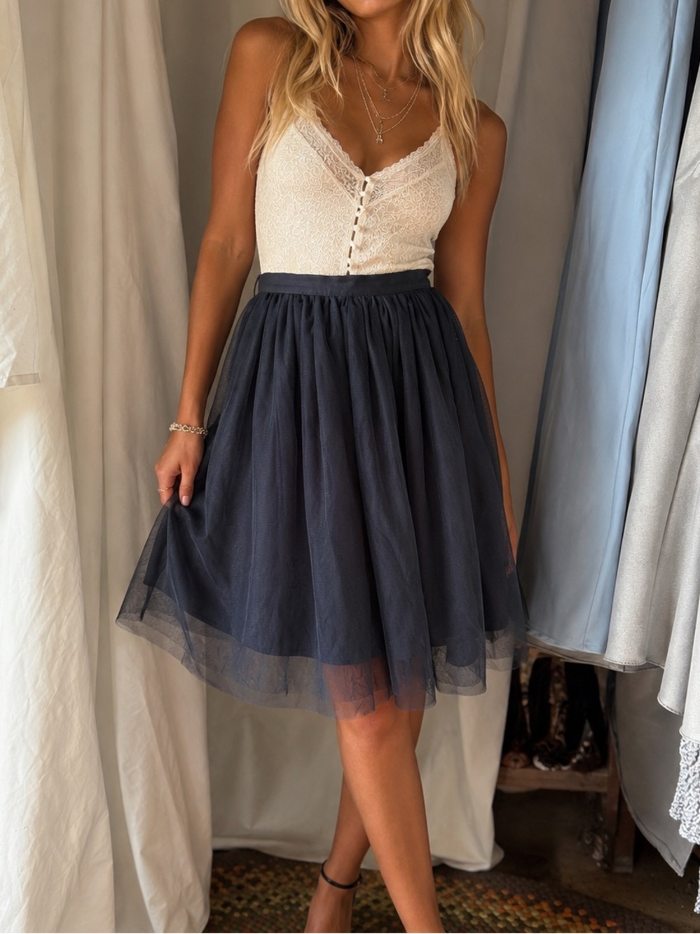 Source Unknown Navy Tulle Skirt with Gathered Waist